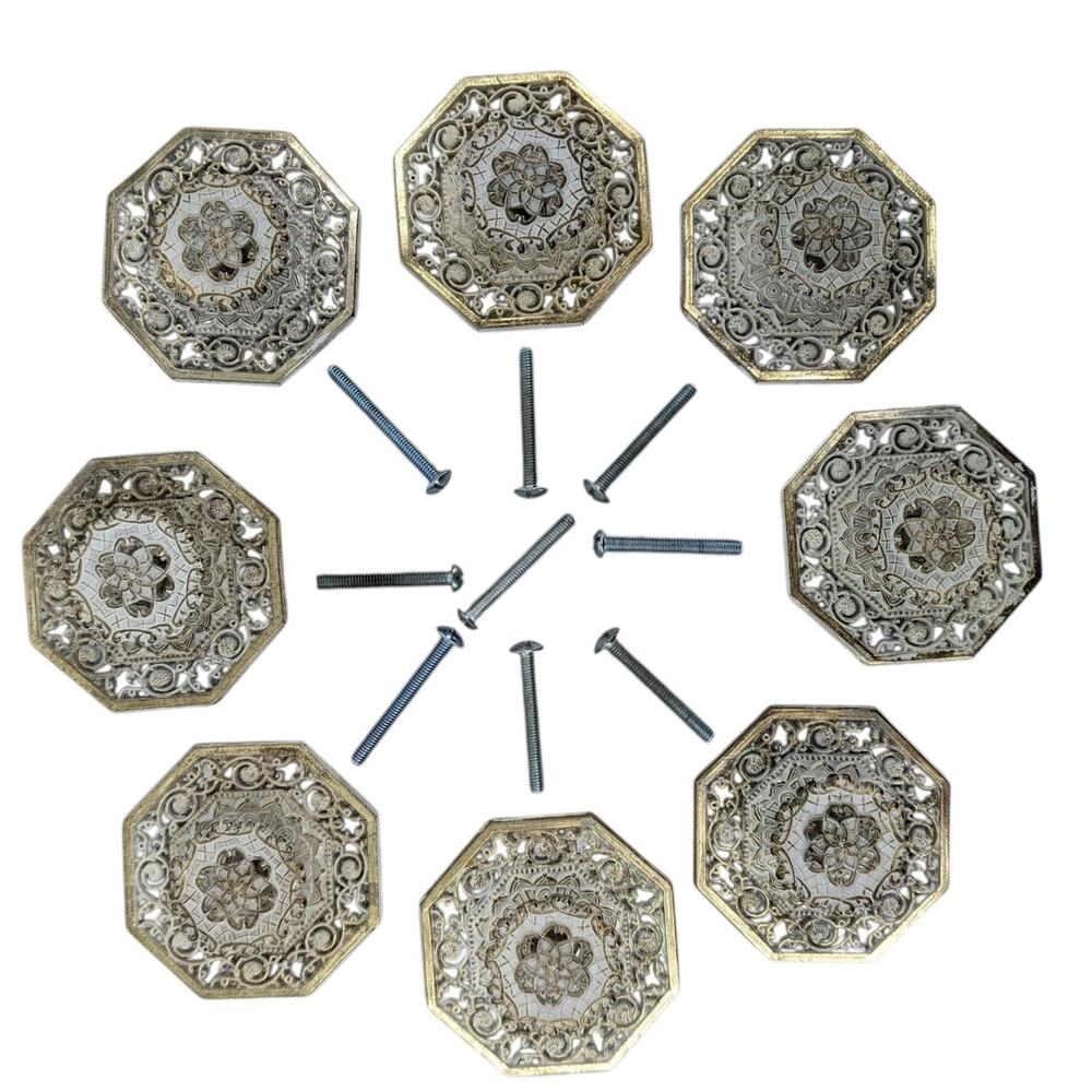 Set 8 Vintage 1970s "French Provincial" White Gold Cast Metal DRAWER PULLS Japan